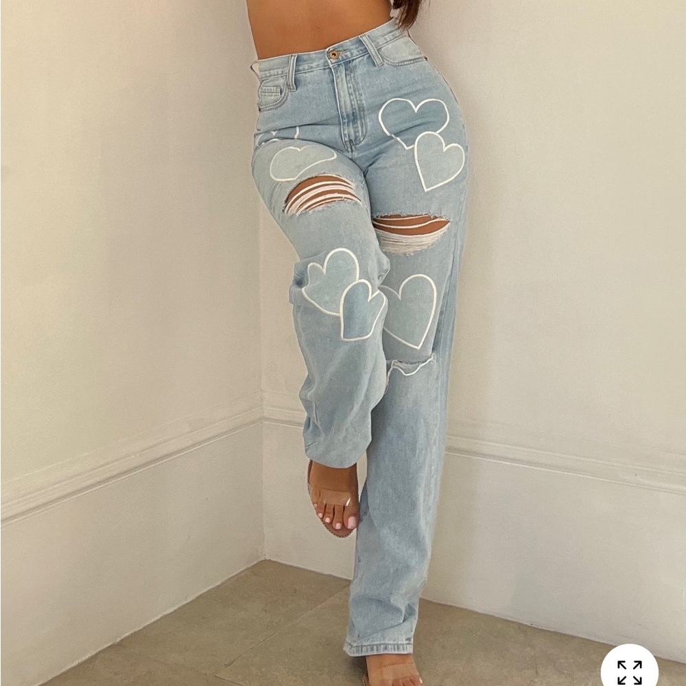 Fashion Nova Light Blue Straight Leg Jeans with White Heart Outlines